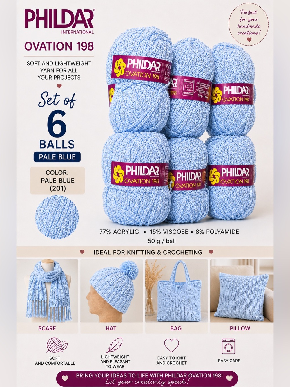 Phildar Ovation 198 Pale Blue Yarn - Vintage - Set of 6 Balls